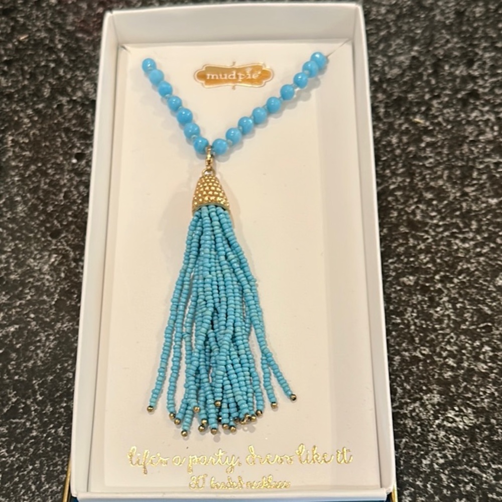 Mud Pie 30" Turquoise and Gold Tassel Necklace